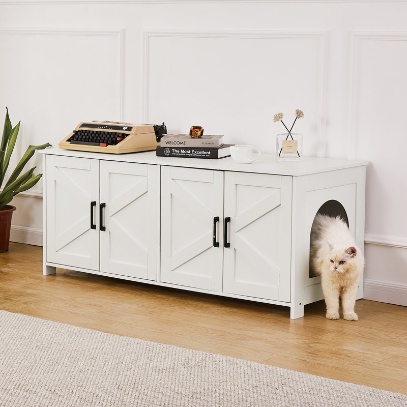 Meuble de litière pour 2 chats, 120 cm (L) x 47 cm (l) x 50 cm (H), avec double compartiment, compatible avec la plupart des bacs à litière, blanc