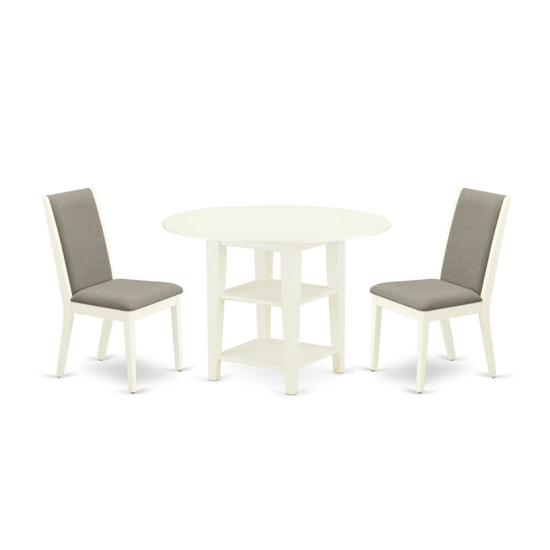 3 Piece Kitchen Table Set Contains a Round Dining Room Table with Dropleaf & Shelves and 2 Shitake Linen Fabric Parsons Chairs, Linen White