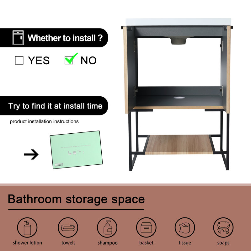 Meuble-lavabo simple avec plateau 23,94 po Zylphia, Naturel, Noir mat