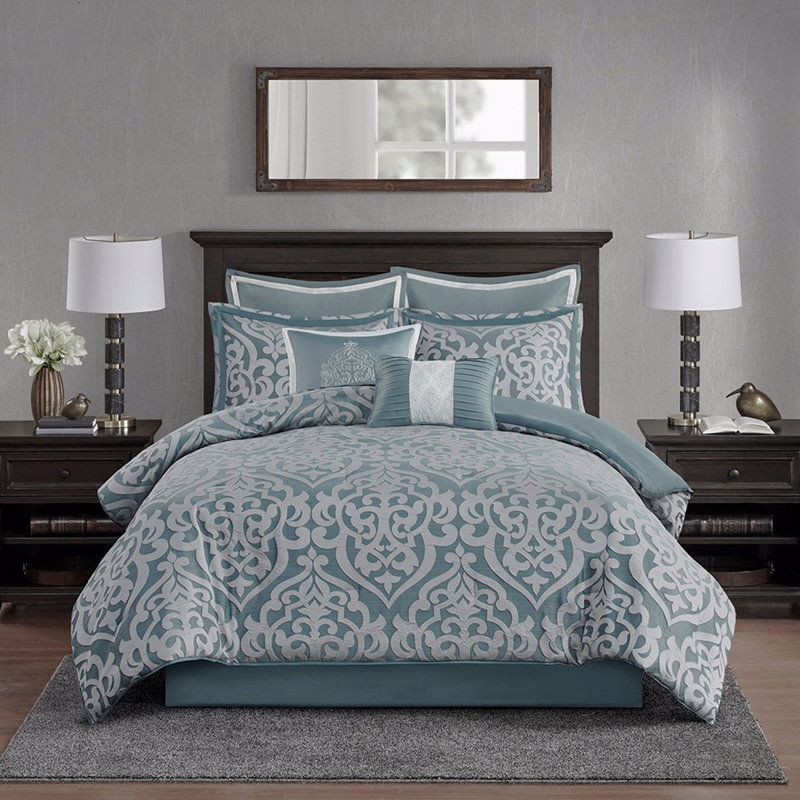 Ensemble d'édredon 8 pièces jacquard turquoise / argent grand, Édredon grand + 7 pièces supplémentaires, Aqua+Silver