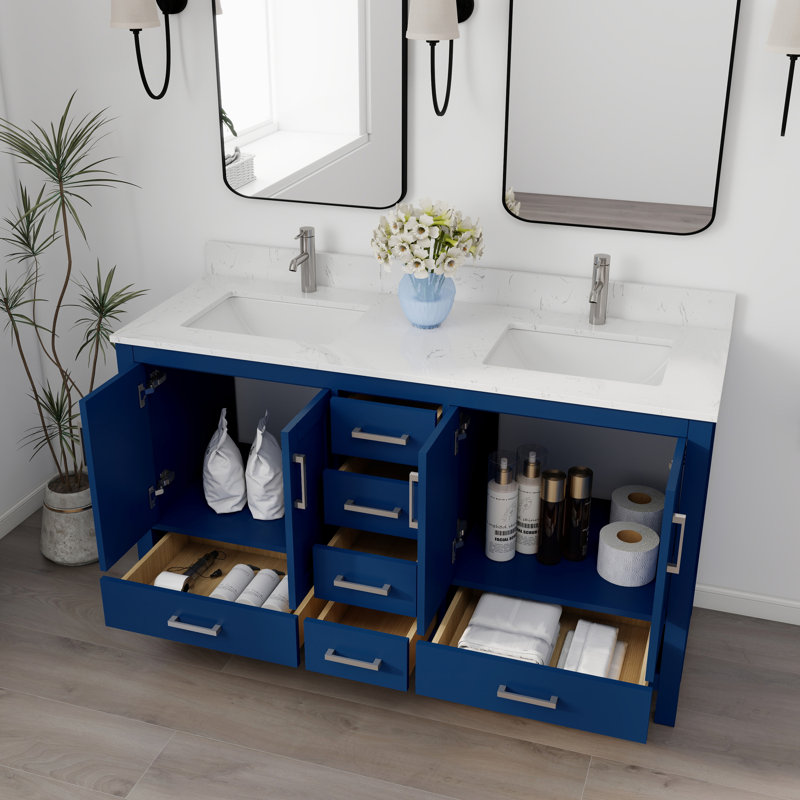 Meuble-lavabo double 60 po avec plateau en marbre de culture 60 po, Blue