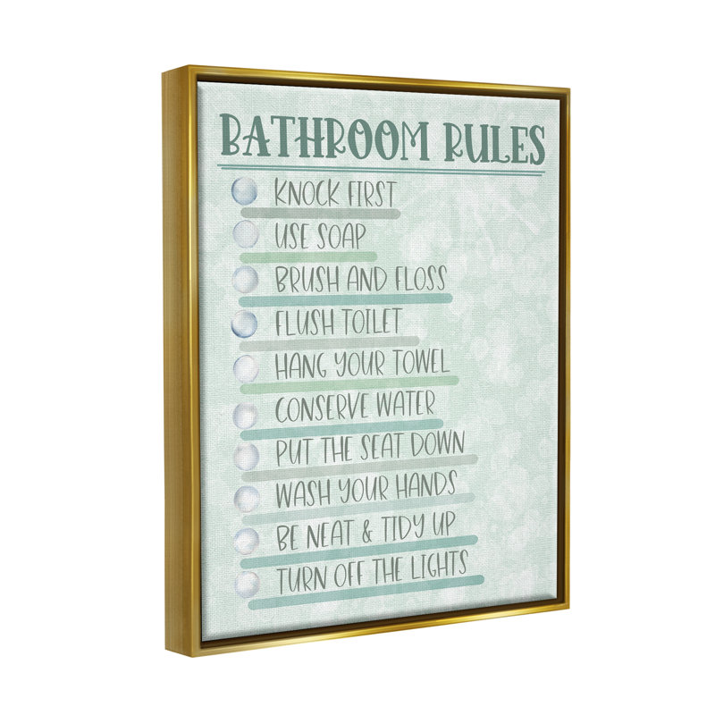 «Bathroom Rules on Green», Cadre flottant métallique doré, H 31 po x l 25 po x P 1,7 po