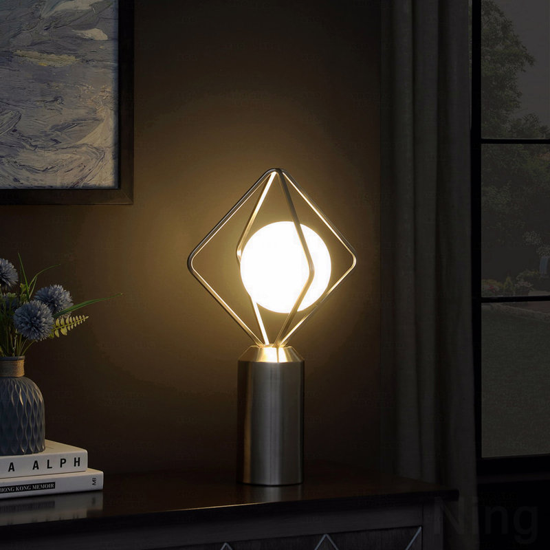19.5" Modern Monoclinic Table Lamp – Brushed Silver Metal + White Glass Orb Shade