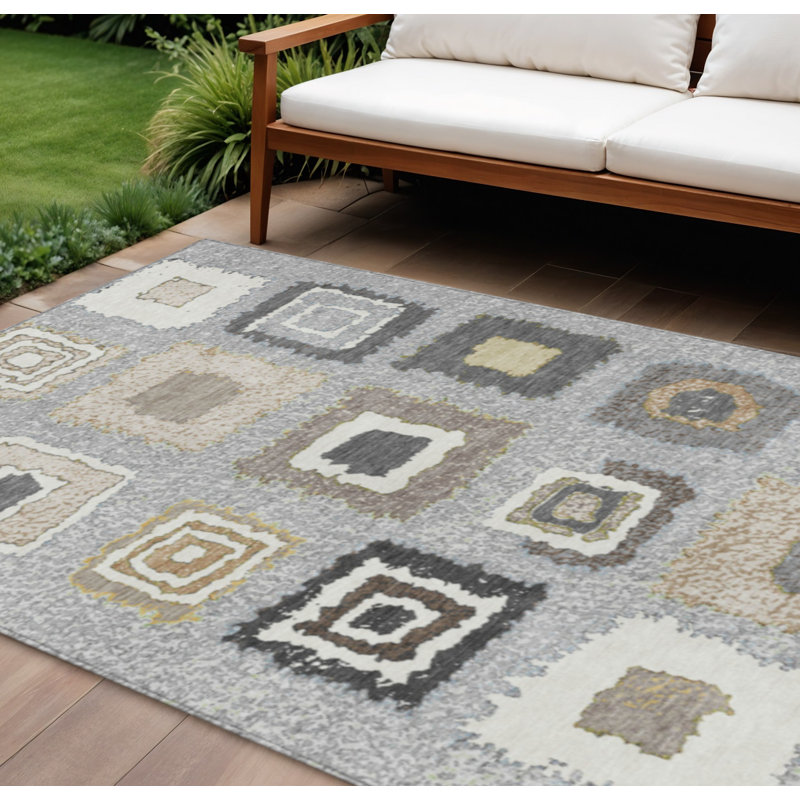 Tapis extérieur lavable à motif géométrique gris anthracite et beige 10 pi x 14 pi