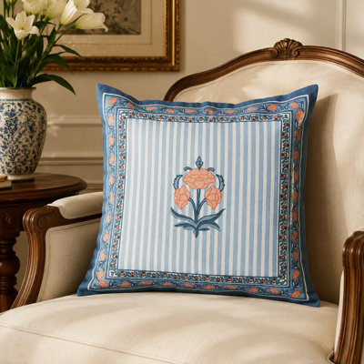 Kesar Handblock Printed Cotton Cushion Cover, 18 x 18, Blue & Blush Pink
