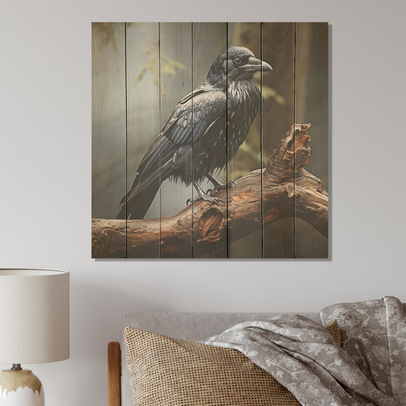 Mysterious Raven Guardian II - Animal corbeau sur bois, H 15 po x l 15 po