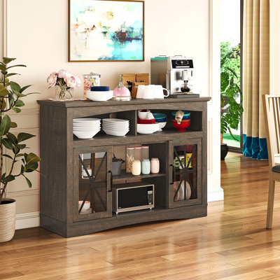 47'' Farmhouse TV Stand with Adjustable Shelves, Retro TV Console with Glass Doors & LED Lights, Media Entertainment Center Storage Cabinet for Living Room, Bedroom, Kitchen, Brown