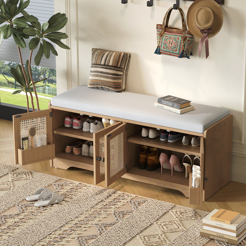 Banc à chaussures en bois avec coussin amovible, Brun
