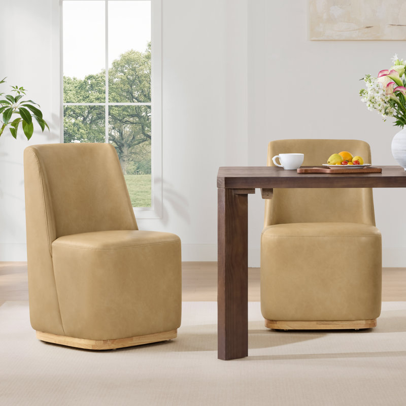 Chaise de salle à manger rembourrée avec roulettes Geelt, Simili cuir brun clair