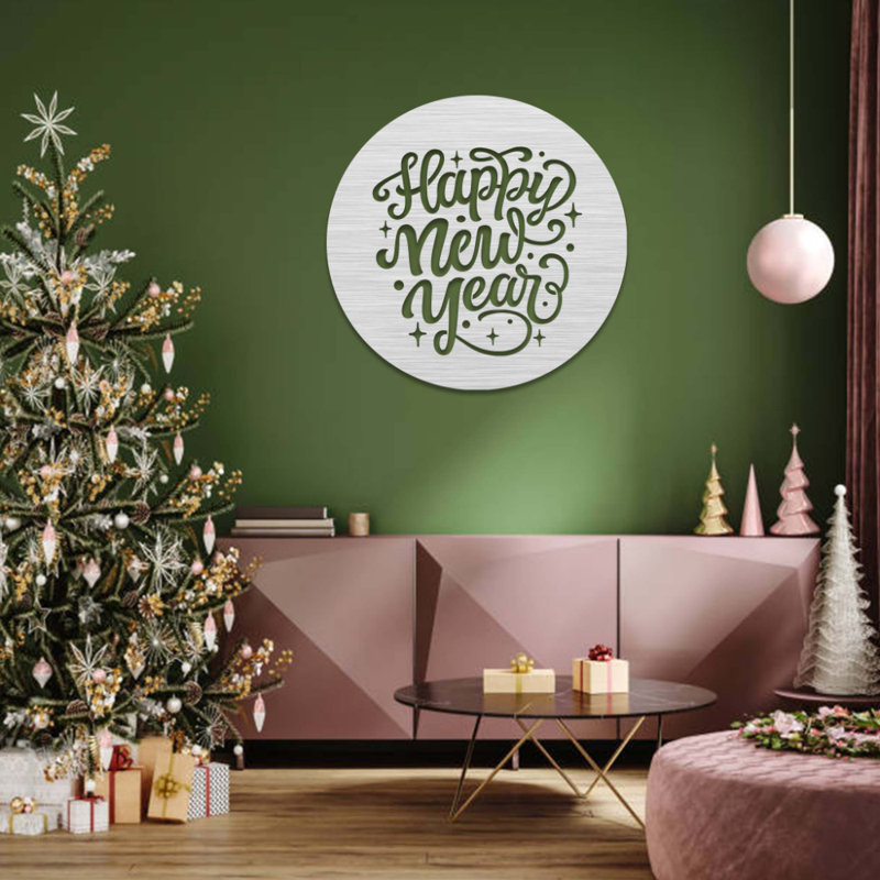 Happy New Year, art mural en métal - décoration de célébration festive - conception suspendue au mur des Fêtes modernes - sculpture en métal industriel minimaliste - décoration saisonnière pour la maison - décor de vestibule de salon - pièce d'a