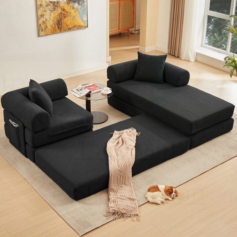 Canapé modulaire en L 3 places en velours côtelé avec coussin de siège à double couche pliable pour canapé d'appoint, Noir