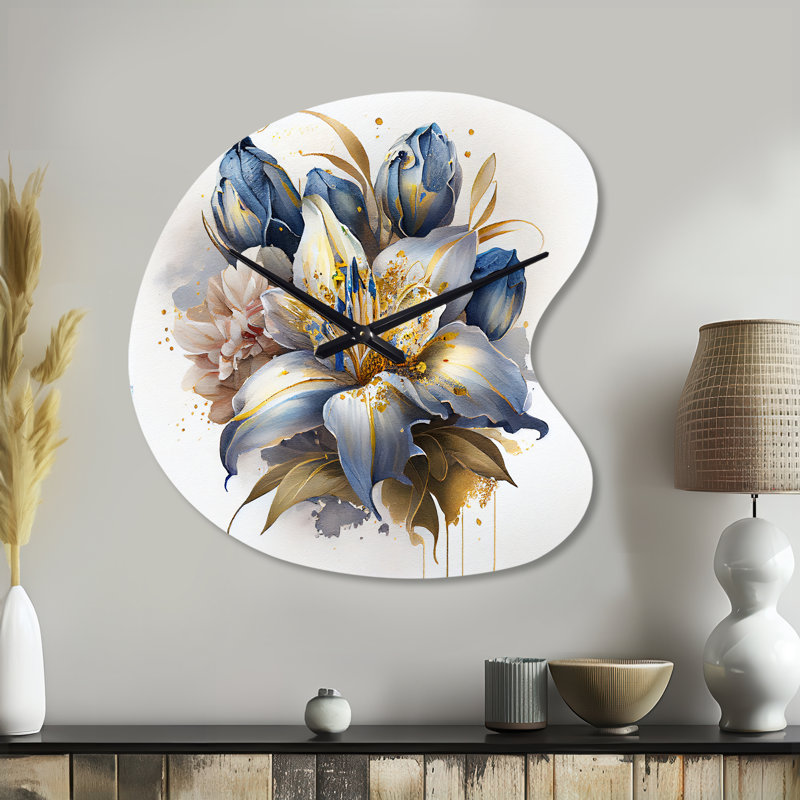 Or et bleu lis Bouquet III - horloge murale asymétrique moderne en métal, impression d'horloge murale bleue, Grand