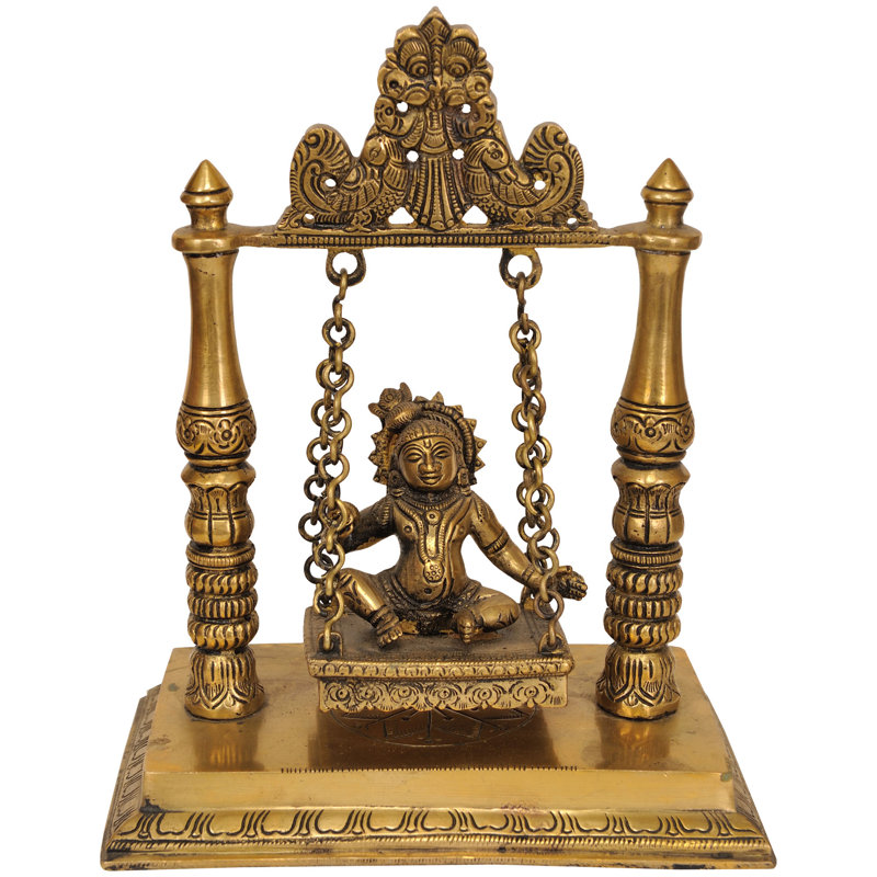 9" Baby Krishna on Swing Brass Sculpture Handmade Indian Spiritual Home Décor Statue