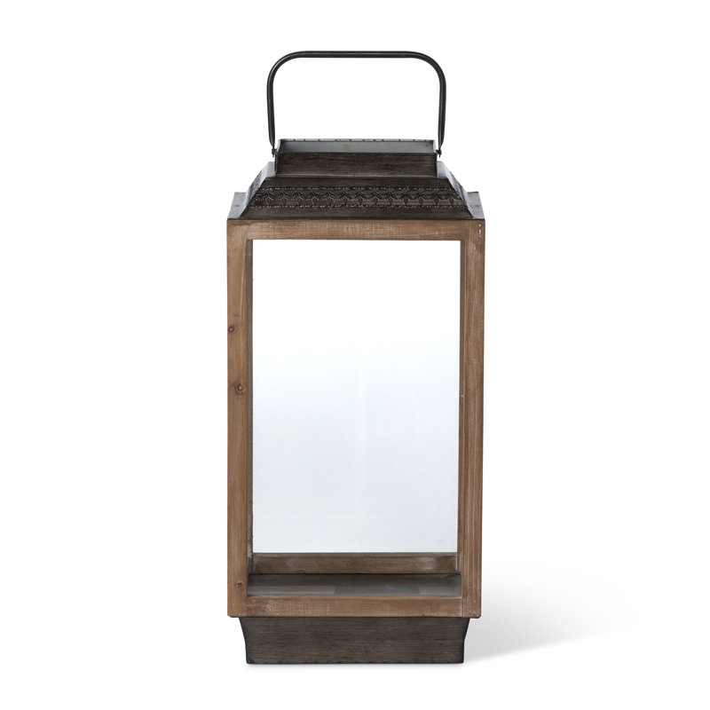 Small Rustic Outdoor Fir Wood And Galvanized Metal Cabin Lantern, 11"L x 9.5"W x 26.25"H