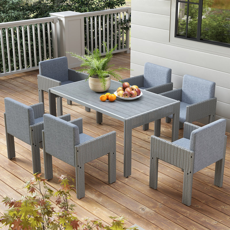 All Weather PE Rattan Outdoor Dining Set,  Patio Dining Table Set with Wood Tabletop, Gray/Gray, 6