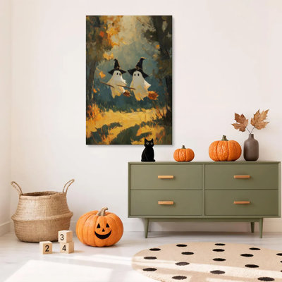 1 impression encadrée d'art mural sur toile, fantômes d'Halloween rétro sur balai, impression sur toile pour salon, chambre, bureau, salle de bain, dortoir, prêt à accrocher