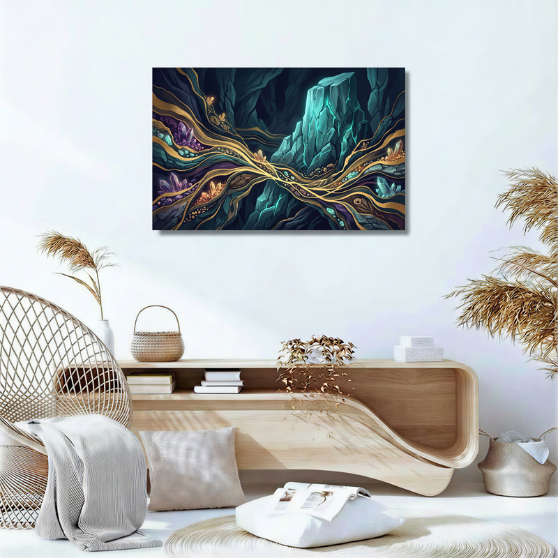 Art mural sur toile "Blue Crystal Cave" avec veines dorées et fossiles, 12"H x 18"W