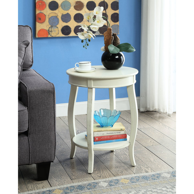 Table d'appoint blanche antique - Pieds ronds en bois avec tablette inférieure et style de pied