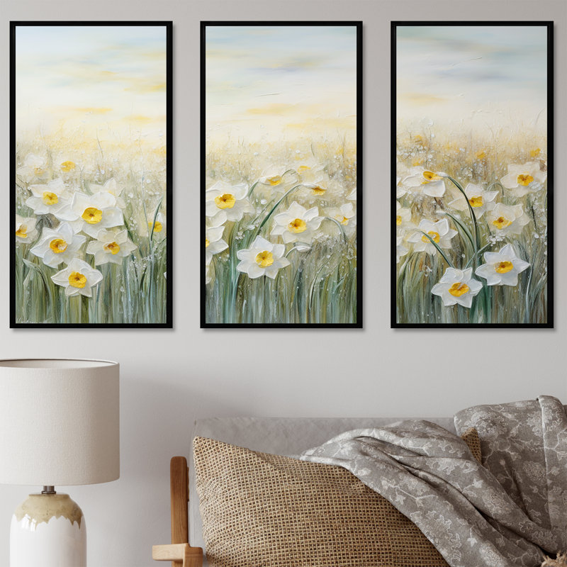 Ensemble de salon Daffodils Tranquility Floral Field III - Flower Field Wall Art, Cadre flottant noir