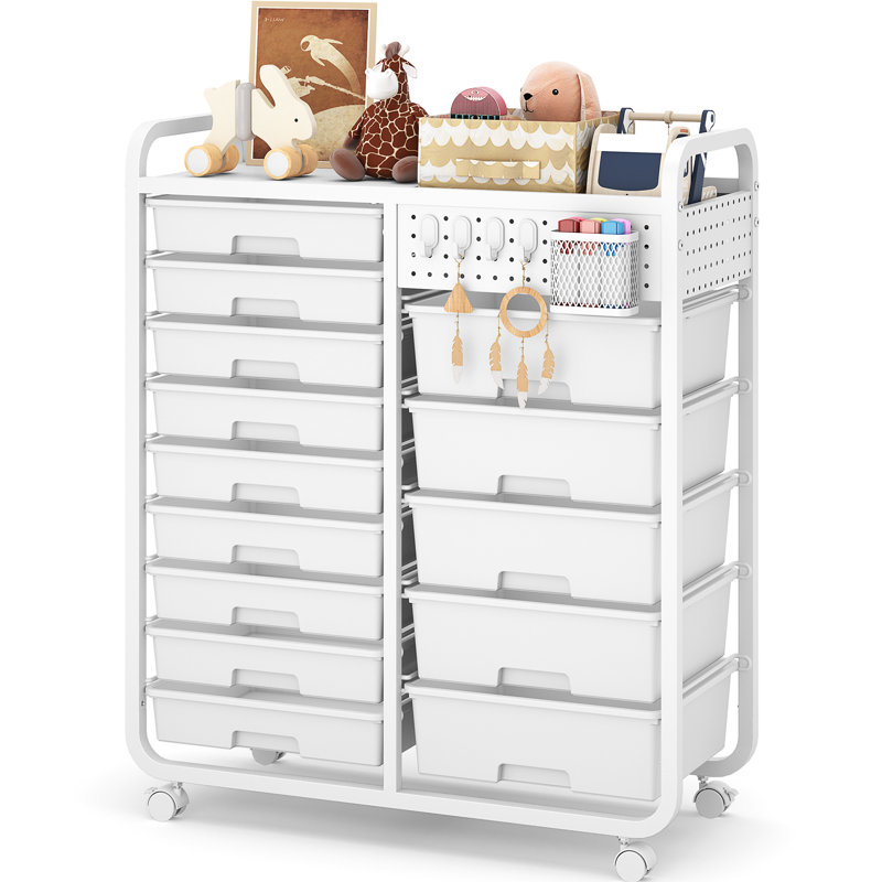 Metal Organizers Utility Cart,Rolling Cart with Wheels，Rolling Storage Cart with 14 Large Drawers, Utility Cart with Tabletop & DIY Pegboard