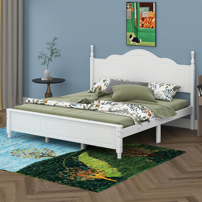 Base de lit en bois avec tête de lit, cadre de lit plateforme avec tête de lit Retro Wave, support de lattes en bois, Blanc