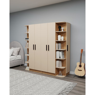 Edinboro 3 Door Corner Wardrobe with Open Shelves and Hanging Rail