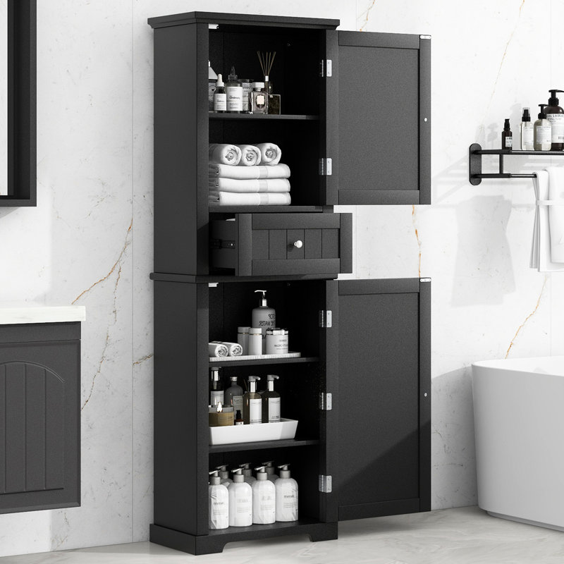 Bathroom Storage Cabinet In Black With Adjustable Shelf And Middle Front Drawer Tall Inner