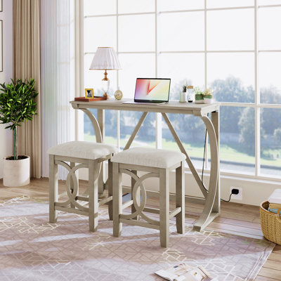 3-Piece Counter Height Dining Table Set With USB Port And Upholstered Stools