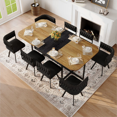 Square 9-Piece Dining Set with Jet Black Velvet Chairs and Two-Tone MDF Table for 8, Modern Kitchen and Dining Room
