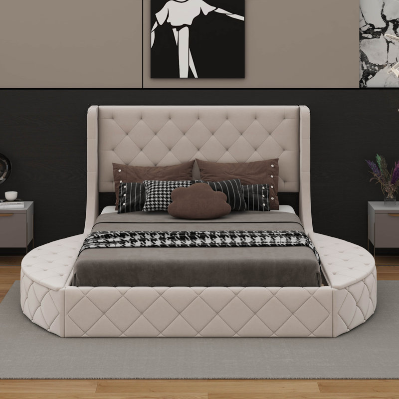 Lit plateforme tapissier en velours avec tête de lit à oreilles, 1 tiroir et 2 tabourets de rangement latéraux, Beige