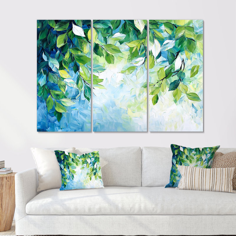 «Summer Green Branches In The Wind III - Leaves», ensemble d'art mural, 40" H x 60" W, Toile tendue, Ne s’applique pas