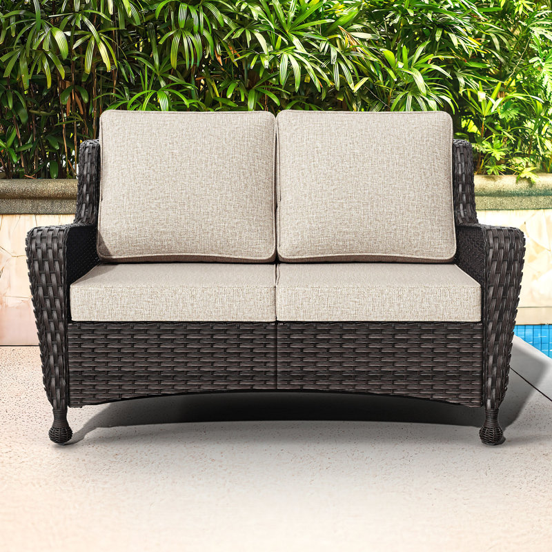 Outdoor Patio Rattan Loveseat With Cushions, Beige
