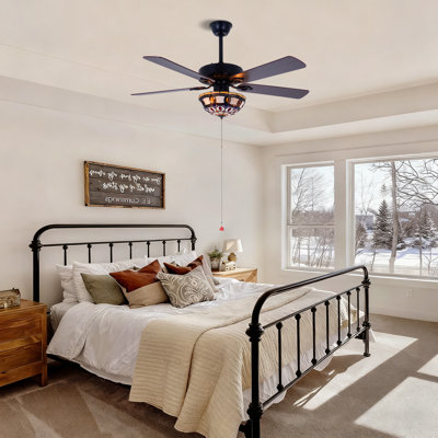 Ventilateur de plafond noir en verre coloré de style américain Tiffany | Télécommande à six vitesses
