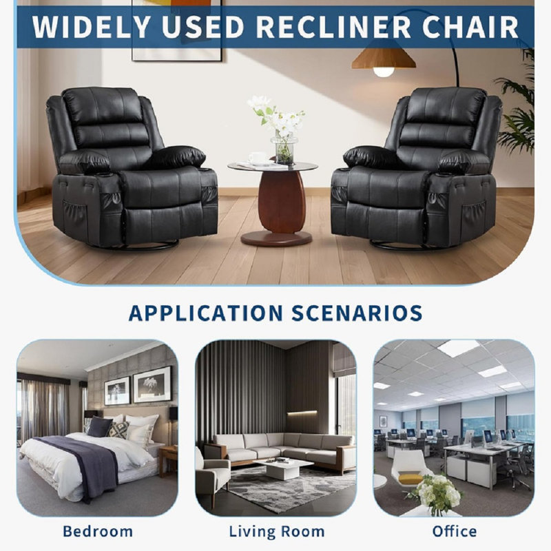 360° Swivel Rocking Recliner Chair with PU Leather, Cup Holder & Side Pocket, Deep Seat Oversized Single Sofa for Living Room, Nursery