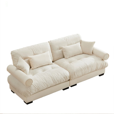 Grand canapé moderne à deux places avec accoudoirs renforcés, canapé à deux places en velours avec coussins de taille et coussins décoratifs, convient au salon, au loft, aux espaces de travail, au couloir et à la chambre à coucher, crème