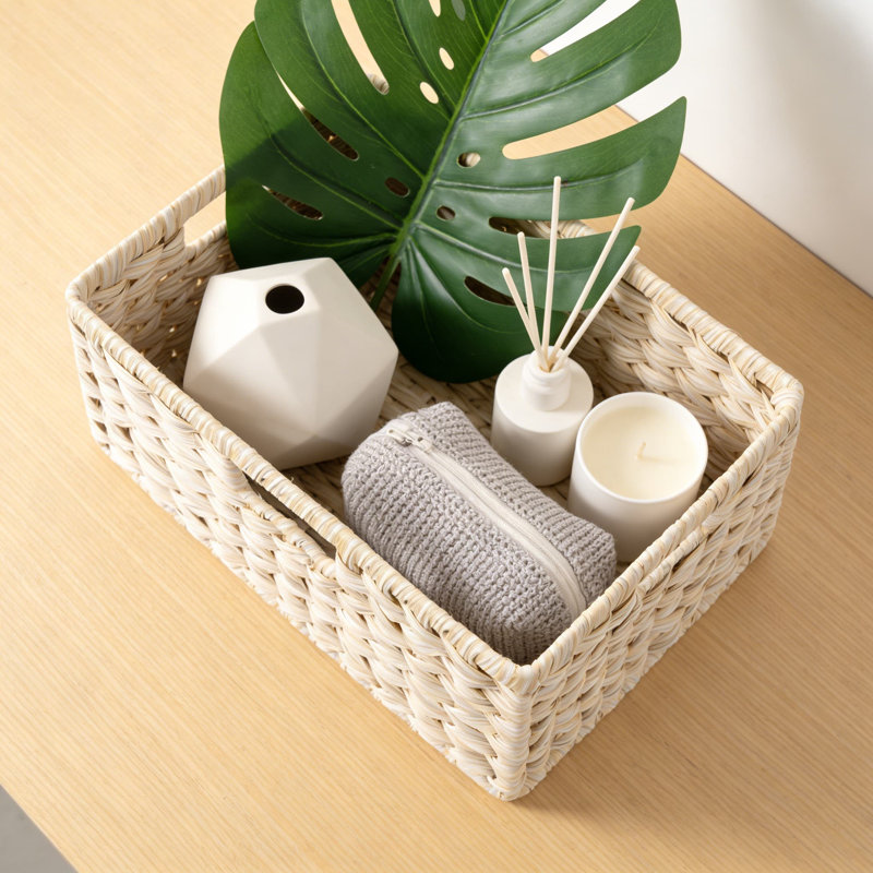 Wicker Storage Baskets With Handles, Waterproof Woven Organizer Bins For Shelves, Durable Plastic Rattan Design For Pantry, Bathroom, And Home Decor