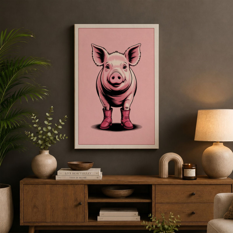 Happy Pig Cartoon - Wrapped Canvas, 36x24 - 91.4 x 61.0 cm, Ochre Border