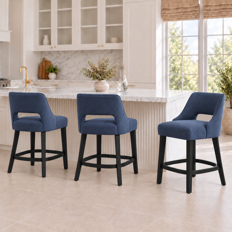  Tabourets de bar 26 po, chaises de bar rembourrées en bois massif (ensemble de 3), Bleu marine / pieds noirs