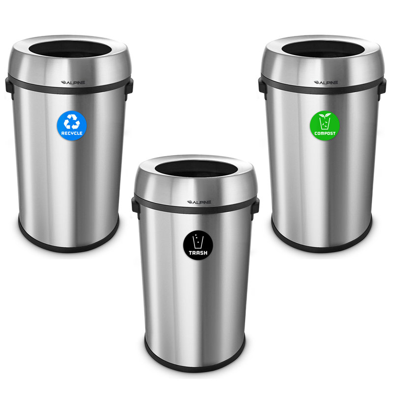 Station de recyclage ouverte 17 gallons en acier inoxydable, poubelle et compost
