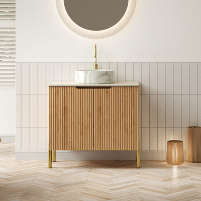 Meuble-lavabo de salle de bain avec lavabo, armoire de rangement autoportante en contreplaqué avec 2 portes, lavabo rond avec motif en pierre et comptoir en pierre frittée Roma Travertine
