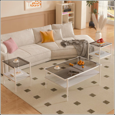 Ensemble de 3 tables basses et tables de bout, table en verre trempé avec panneau de fibres à densité moyenne, tables modernes pour le salon, verre gris