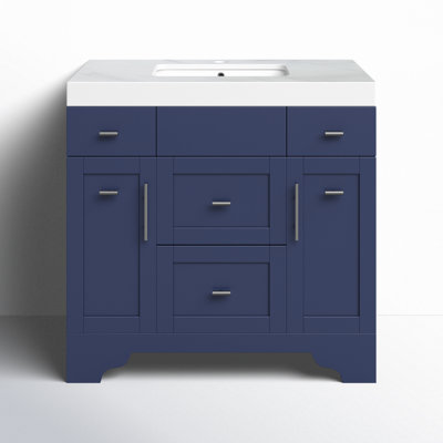 Meuble-lavabo autoportant 36 po Anvay en bleu marine avec plateau en quartz de Carrare blanc
