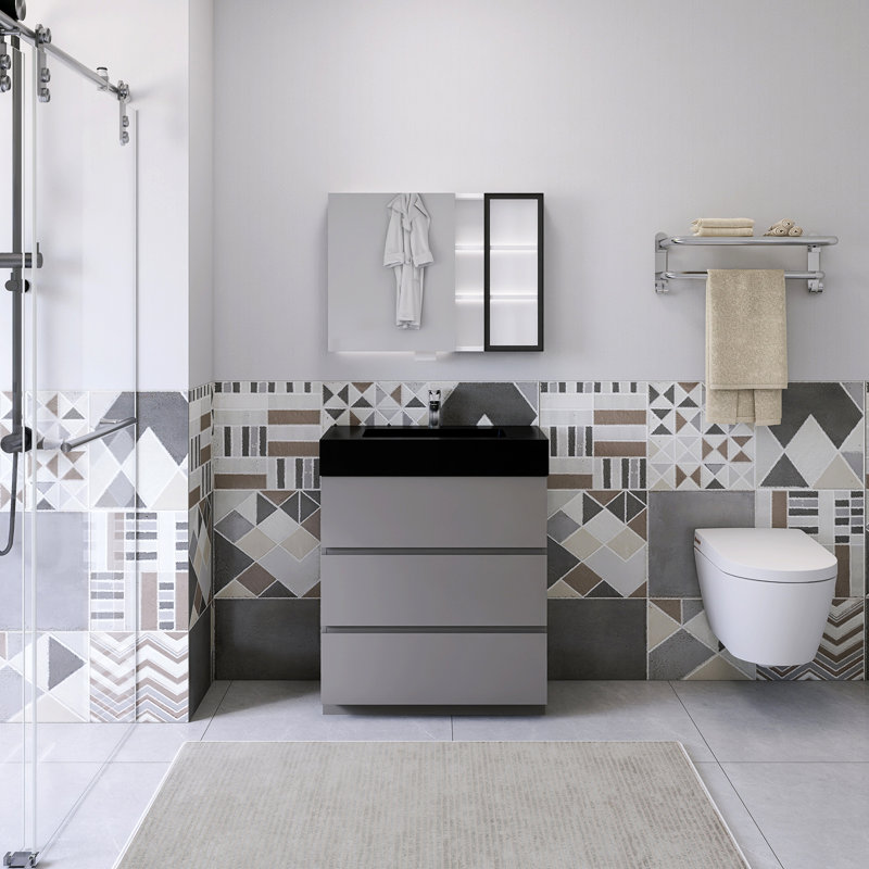 Ensemble de meuble-lavabo simple 29,9 po Satonia, Noir mat, Gris