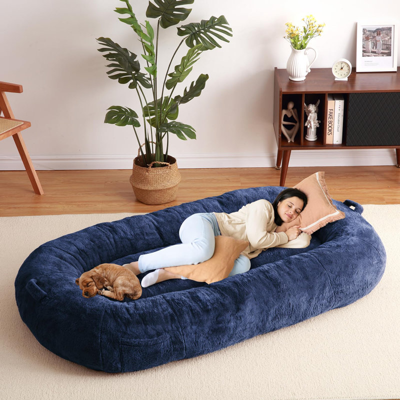 Grand lit pour chien de taille humaine lavable avec housse amovible, Bleu, H 14 po x l 48 po x P 71 po