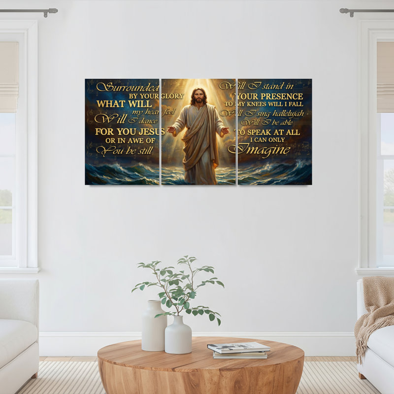Ensemble de 3 toiles murales représentant Jésus-Christ debout sur l'eau avec des citations inspirantes, pour salon, chambre ou église.