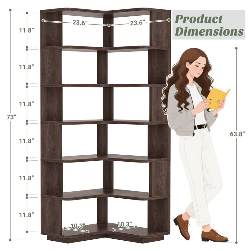 5 Tier Corner Bookshelf Etagere Bookcase With Baffle, Freestanding L Shaped Display Shelf Stand For Home Office, Walnut