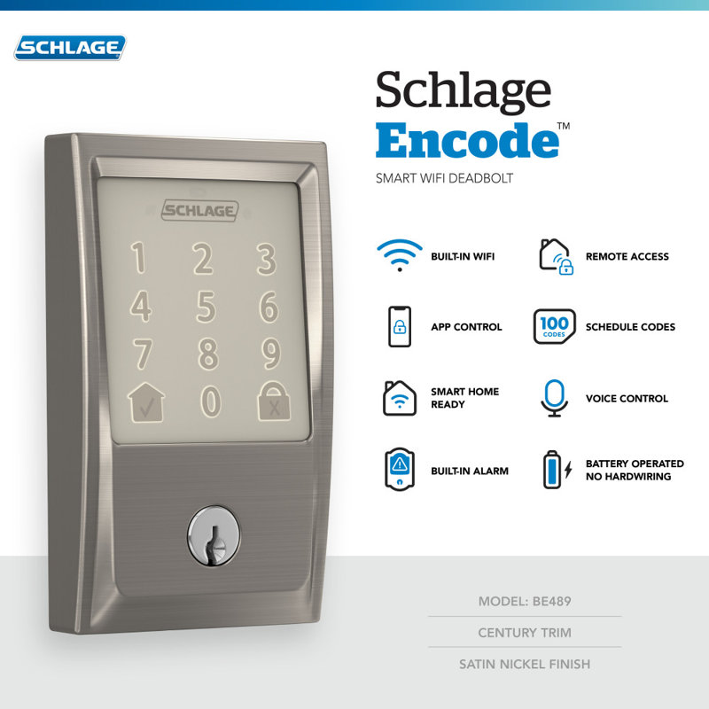 Encode Smart WiFi Deadbolt with Century Trim, Satin Nickel, Yes