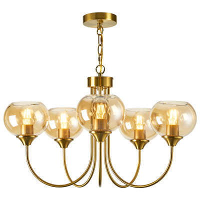26” Mid Century Modern Chandelier, 5-LightPendant Light with  Amber Glass