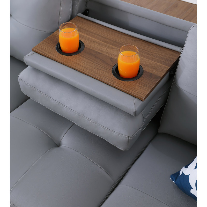 Gray Faux Leather L - Shaped Sectional With Storage , Seating Four For Memorable Home Movie And Game Experiences, 3 Piece Pull Down Center Seat Cup Holders, Two Toss Pillows, Rounded Arm Design,