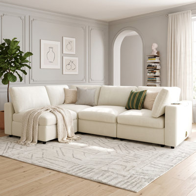 Smart Modular Chenille Sectional Sofa with Wireless Charging, USB Ports & Bluetooth Speaker